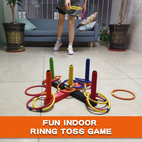 Indoor And Outdoor Ring Toss Game For Kids And Grownups With 5 Poles 2 Bases 16 Soft Foam Rings In 4 Colors Score Markers