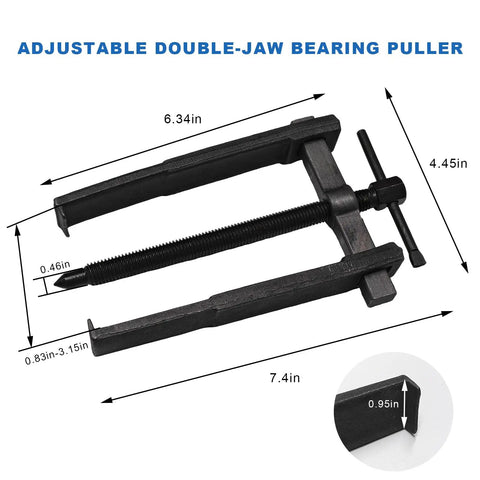 Two Jaws Bearing Puller 8 Inch Adjustable Steel Removal Tool for auto gear work with dimensions showing jaw range and size.