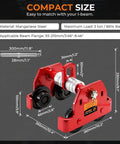 3 Ton Manual I Beam Trolley With Adjustable Width For Flange From 3.66 To 8.46 Inches, showing dimensions and features.