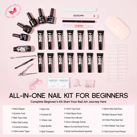 All-In-One Poly Gel Nail Kit For Beginners With UV Lamp And Slip Solution, Easy At-Home Nail Extension Set components display.