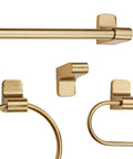 Positano Matte Brass Bath Set with towel bar, ring, robe hook, and TP holder, sleek all-in-one bathroom hardware upgrade for a modern look.