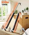 Beefy 17 Inch Gas Strut Set 35 lb Lift extended and compressed on wooden box with L type mounts, 2 pack visible in room setting.