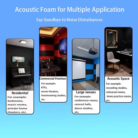 Image showcasing applications of Egg Crate Acoustic Foam Panels 48 X 24 X 2 Inch Black 4 Pack in various settings.