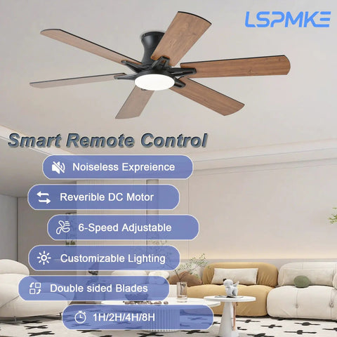 Cool Remote Ceiling Fan With Light 52 Inch, Low Profile Flush Mount, Quiet DC Motor, brown finish, in living room setting