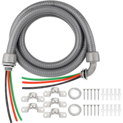8ft Liquid Tight Conduit Kit With 1/2 Inch Pre-Wired Electrical Whip, 3x10AWG THHN Copper Wires, Bare Wire Ends, 90 Degree And Straight Connectors