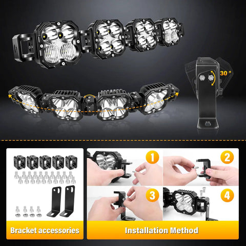 XLK Series Linkable Mounting Brackets Kit for off-road LED light bars showing adjustable straight and curved brackets