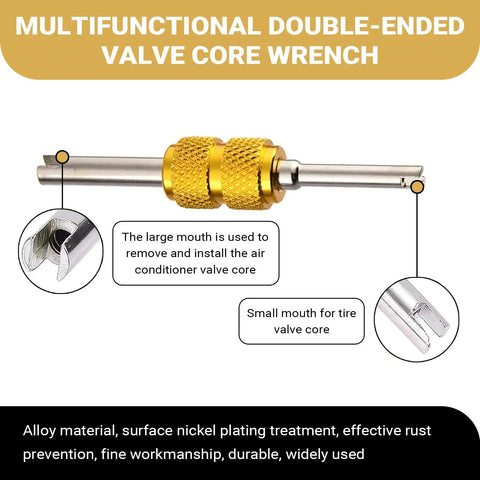 Multifunctional double-ended valve core wrench from 16 Piece Car AC Valve Core Kit For R12 R134A Systems, gold alloy with nickel plating