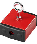 Red and black Ceramic Fishing Magnet with Eyebolt for heavy duty retrieval and magnetic pickup tool 100 lb pull strength.