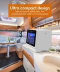 Compact Countertop Dishwasher With Six Place Settings Ten Preprogrammed Cycles And Baby Care Mode Hot Air Drying in modern RV kitchen.