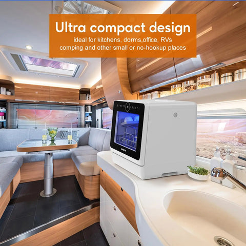 Compact Countertop Dishwasher With Six Place Settings Ten Preprogrammed Cycles And Baby Care Mode Hot Air Drying in modern RV kitchen.