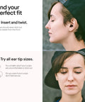 Woman wearing Experience Plus High Fidelity Earplugs For Musicians, DJs And Nightlife, side view, shown with fit instructions.