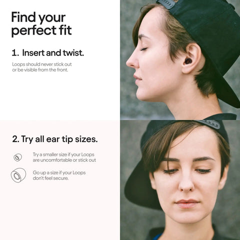 Woman wearing Experience Plus High Fidelity Earplugs For Musicians, DJs And Nightlife, side view, shown with fit instructions.
