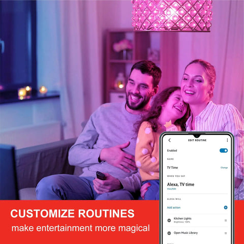 Family using Smart Color Changing Light Bulbs Starter Kit With Hub For Alexa And Google Home Dope Vibe A19 E26 on couch