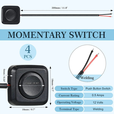 Four Pack Momentary Push Button Switches 12V 24V Surface Mount with Pre-Wired Cables and Adhesive Back for Electronics Projects
