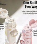 2-In-1 Hydration Bottle With Built-In Foldable Cooling Fan, 23 Oz Portable Dual Drinking Cup with open lids, beige and pink