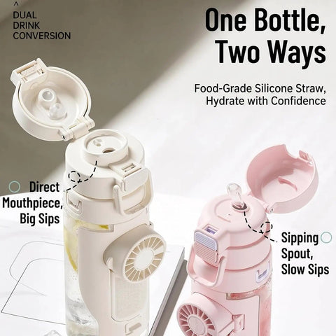 2-In-1 Hydration Bottle With Built-In Foldable Cooling Fan, 23 Oz Portable Dual Drinking Cup with open lids, beige and pink