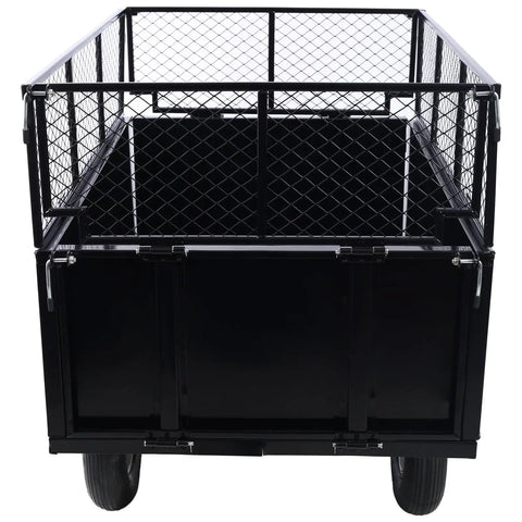 Front view of ATV Trailer Steel Dump Cart With 22 Cu Ft Capacity And 750 Lb Load, showing reinforced steel and removable sides.