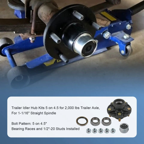 Trailer Idler Hub Kit Set For 5 On 4.5 Inch Axles 2000 Lb Capacity 1-1/16 Inch Straight Spindle Includes Outer Cone Bearings
