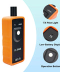 Heavy Duty Tpms Relearn Tool Oec-T5 For No Mess Automotive Tire Pressure Sensor Activation Reset And Dead Easy Programming Setup Fits Virtually Any Ride Orange showing TX pilot light and operation button.