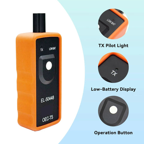 Heavy Duty Tpms Relearn Tool Oec-T5 For No Mess Automotive Tire Pressure Sensor Activation Reset And Dead Easy Programming Setup Fits Virtually Any Ride Orange showing TX pilot light and operation button.
