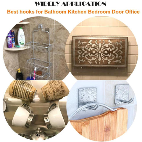 Heavy Duty Adhesive Towel Hooks 4 Pack Stainless Steel Self Adhesive Wall Hangers in use in bathroom and kitchen