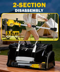 Cordless Water Transfer Pump 720 GPH with Brushless High Speed Motor displayed in two sections next to a camping tent