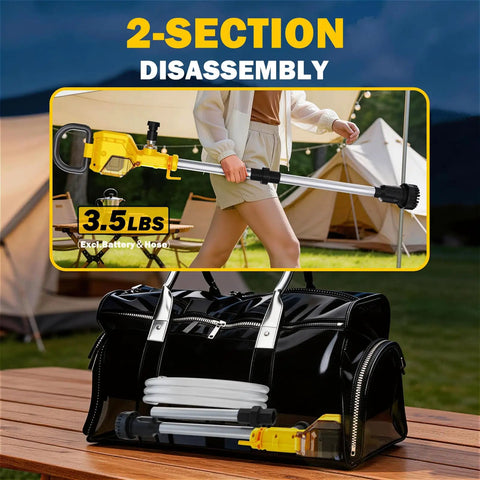 Cordless Water Transfer Pump 720 GPH with Brushless High Speed Motor displayed in two sections next to a camping tent