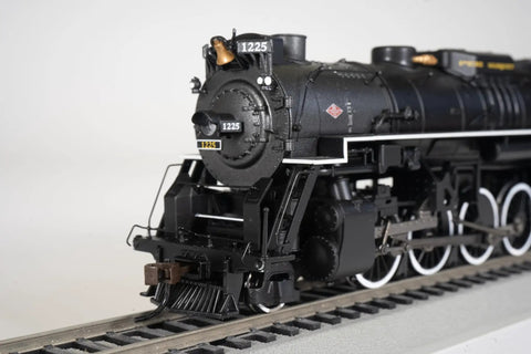 Close-up of Old School 2-8-4 Berkshire Steam Locomotive And Tender With DCC Sound Value Pere Marquette 1225 HO Scale on track