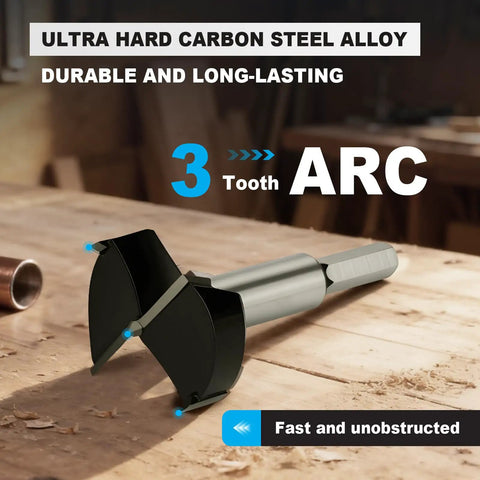 Heavy Duty 2 Inch Forstner Drill Bit With Tough Carbide Tipped Cutters That Slice Through Hardwood Smooth As Butter For Woodworking and Cabinet Hinges, showcasing 3 tooth arc design.