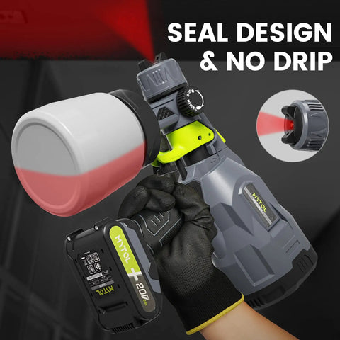 Cordless HVLP Paint Sprayer with 2 Batteries and Charger, ergonomic grip, nozzle detail showing spray pattern, no-drip seal design
