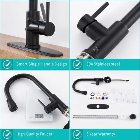 Slick Black Kitchen Faucet With Pull Down Sprayer, Single Handle For RV And Home, 304 Stainless Steel parts