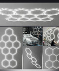Hexagon Garage LED Lights 30 Pack Ultra Bright 420W 63,000 Lumen 5000K Daylight For Workshop Shop Car Care Home Gym Basement Warehouse Seven Grid Hex Light displayed in various installations