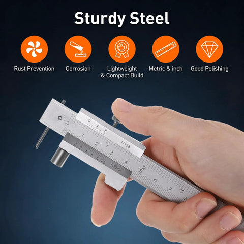 Vernier Caliper 0-8 Inch Dual Scale Stainless Steel With Carbide Scriber held in hand showing precision measurement markings