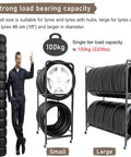 Street Ready Heavy Duty Tire Rack For Your Local Garage Floor Standing Dual Tier Wheel Storage Cart Adjustable Height Steel Frame Swaps Rims Quick Without The Fuss In Black showcasing small and large tire storage options with adjustable height.