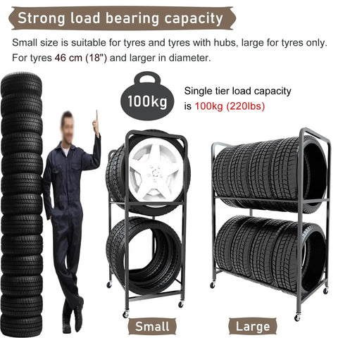 Street Ready Heavy Duty Tire Rack For Your Local Garage Floor Standing Dual Tier Wheel Storage Cart Adjustable Height Steel Frame Swaps Rims Quick Without The Fuss In Black showcasing small and large tire storage options with adjustable height.