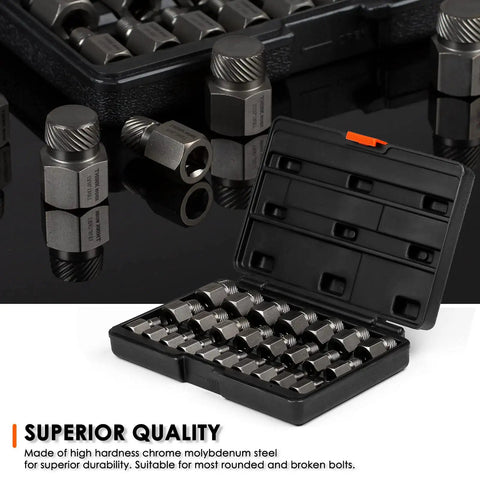 Pro Grade 25 Piece 3/8 Inch Drive Screw Extractor Set in open case, chrome molybdenum steel, for broken studs and bolts removal