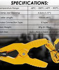 Side view of yellow temperature clamp with K-type thermocouple probe and cord.