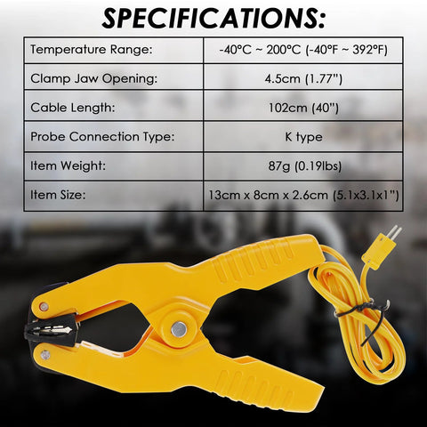 Side view of yellow temperature clamp with K-type thermocouple probe and cord.