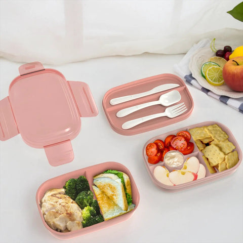 Three Stackable Bento Lunch Box Set With Leak Proof BPA Free Containers Includes Lunch Bag And Built In Utensils Dishwasher Safe Lid Excluded Great For Meal Prep Grab And Go Ready Adults And Kids Pink with meals and utensils displayed
