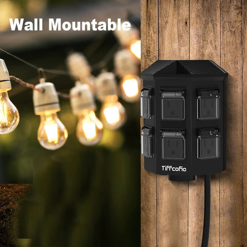 Weatherproof Outdoor Power Strip With 25 Ft Heavy Duty Extension Cord And Stake Mount, 6 Grounded Outlets on wall