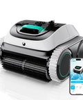 Cordless 4 In 1 Pool Cleaner For Inground And Above Ground Pools Up To 1614 Sq Ft With Wall Waterline Cleaning 150 Minute Runtime Triple Motor Climb To 45 Degree Slopes No Fuss App Control shown with app interface.