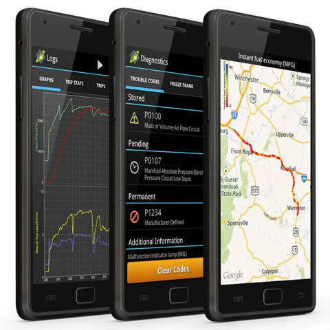 Smartphone displays showing diagnostics with Bluetooth 3.0 OBD2 Adapter For Android With Motoscan And Torque features.