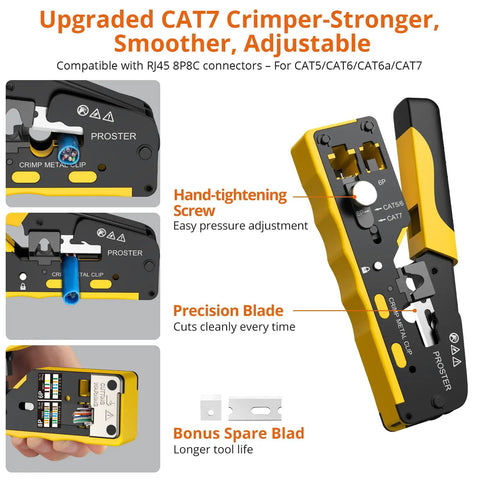 RJ45 Pass-Through Crimp Tool For Cat7 Ethernet Cables with precision blade and hand-tightening screw