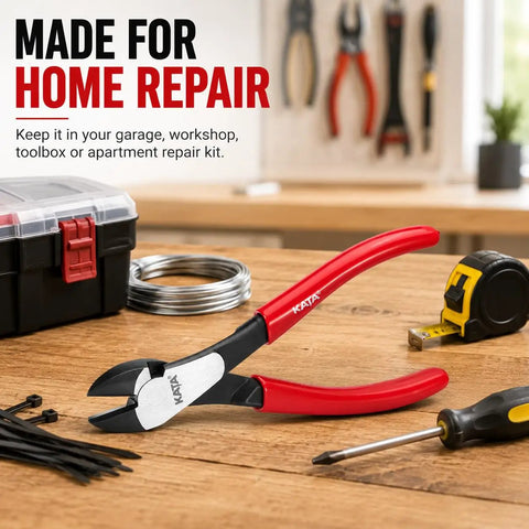 Heavy Duty 7 Inch High Leverage Diagonal Cutting Pliers With Angled Head for quick wire snipping on a workbench.