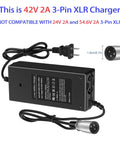 42V 2A 3 Pin XLR Charger for 36V lithium ebikes and scooters, universal 100 240V AC input, product and connector details