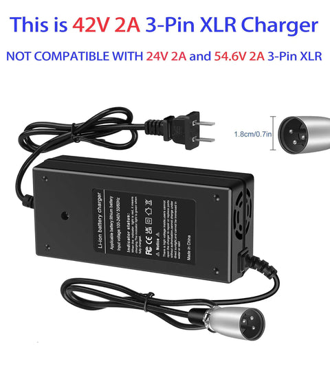 42V 2A 3 Pin XLR Charger for 36V lithium ebikes and scooters, universal 100 240V AC input, product and connector details