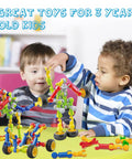 Two kids playing with Epic 170 Piece Building Set For Kids Ages 3 To 9 With Toy Box Storage And Idea Guide, building block models.