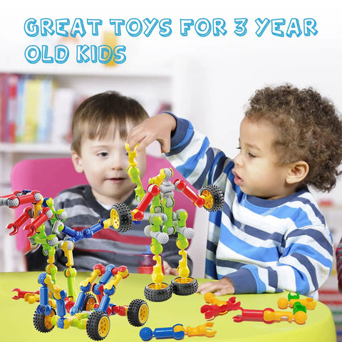 Two kids playing with Epic 170 Piece Building Set For Kids Ages 3 To 9 With Toy Box Storage And Idea Guide, building block models.