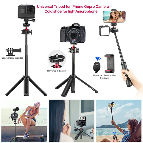 Two In One Mini Tripod Selfie Stick for iPhone and Camera Mount with 360 Degree Ball Head and Cold Shoe in use