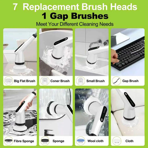 7 replacement brush heads for Badass Cordless Electric Spin Scrubber with adjustable speeds for versatile cleaning needs.